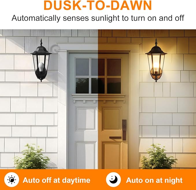 TJOY Dusk to Dawn Light Bulb Outdoor, Light Sensor, Automatic On/Off, 3000K | Photocell A19 LED Bulb for Outdoor Porch Lighting, 60W Equivalent, Energy Efficient 9W, Warm White, E26 Base, 4 Pack