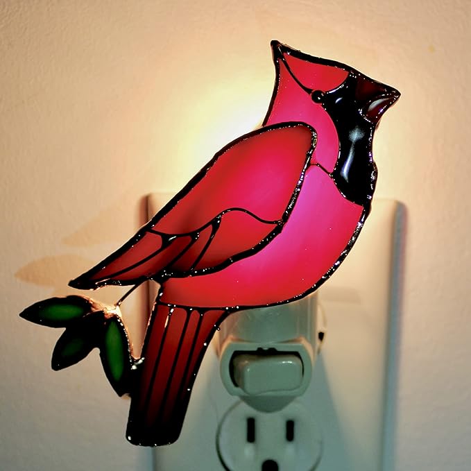 Gift Essentials Red Cardinal Plug in Night Light - Stained Glass Nightlight with On/Off Rocker Switch - Includes One 4 Watt Replaceable Incandescent Warm Glow Bulb
