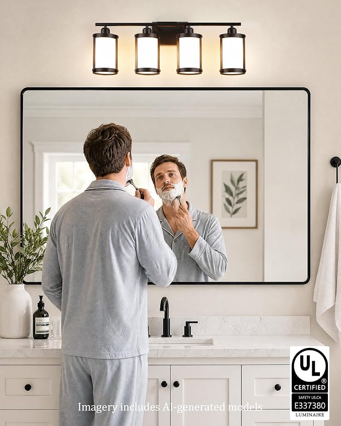 4-Light Oil Rubbed Bronze Bathroom Light Fixtures Over Mirror with Frosted Milk Glass and Metal Cage Shade, 29" UL-Listed Modern Farmhouse Wall Sconce for Bath, Hardwire E26, OS-3014ORBW-4W