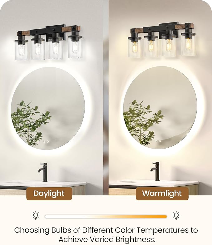4-Light Bathroom Light Fixture, Farmhouse Vanity Lights for Bathroom with Glass Shade, Rustic Bathroom Light Fixtures, E26 Base F09BD05
