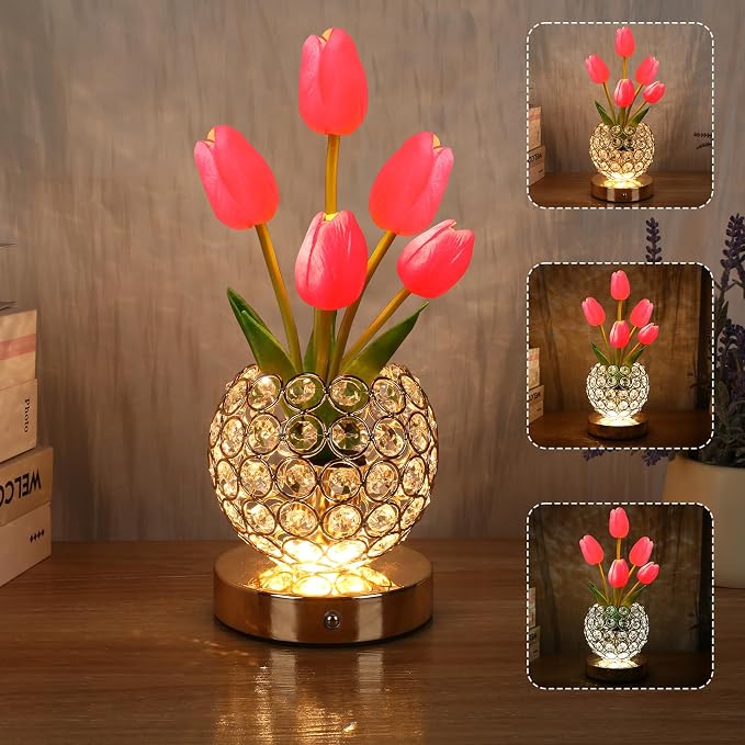 Birthday Gifts for Women Mothers Day Gifts/for Mom Tulip Table Lamp | 3 Color Crystal Flower Bedside Lamps Infinitely Dimming with USB Charge Small Night Light,Night stand Touch Lamp(red-tulip)