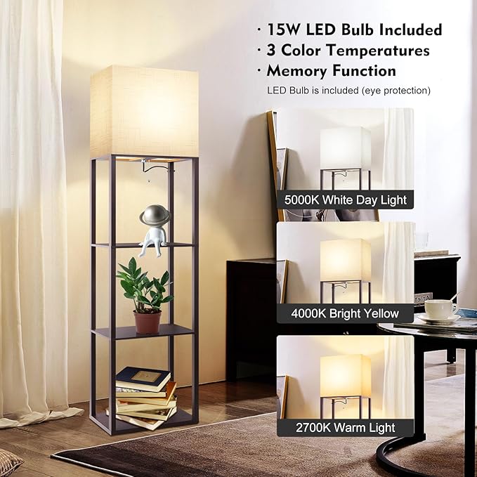 Plus - Floor Lamp with Shelves, Wide Shelf Lamp, Shelf Floor Lamp with 15W LED Bulb, 3 Colors Temperature, Memory Function, Large Display Storage, Standing Lamps for Living Room, Bedroom, Wood