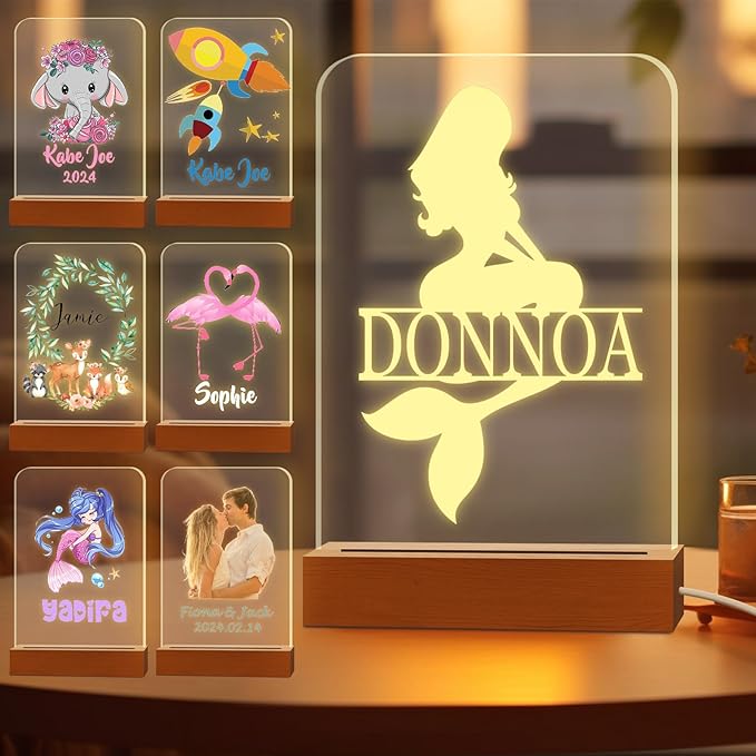 Personalized Night Light for Kids Custom Engraved Name Acrylic LED Lights with Wood Base for Nursery Bedroom Decor Night Lamp, Customized Birthday Gifts for Girl
