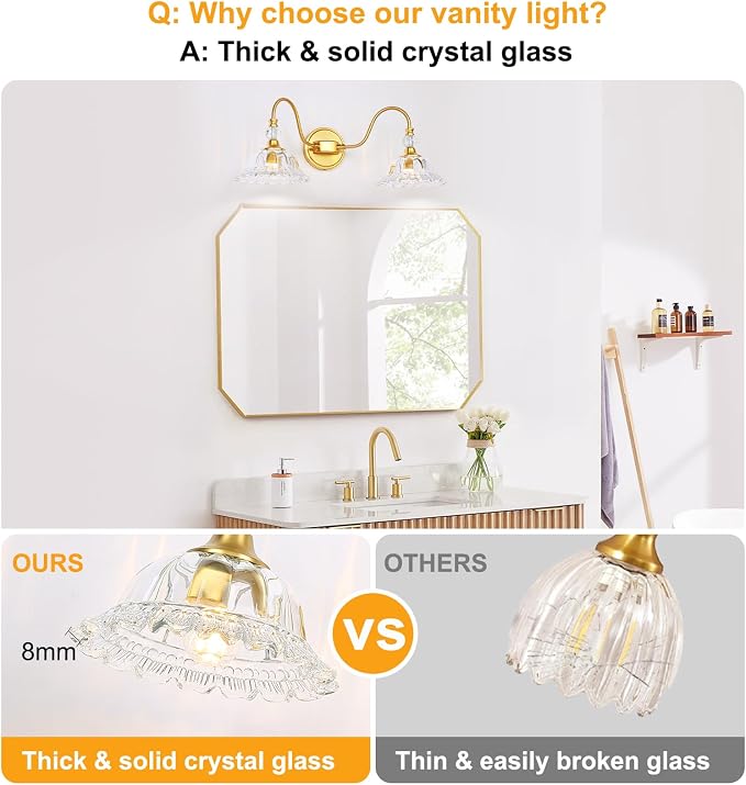 Gold Bathroom Vanity Light Fixtures 2 Lights Vanity Lights for Bathroom with Floral Crystal Glass Shade Modern Wall Lighting Fixtures Over Mirror(Exclude E26 Bulb)