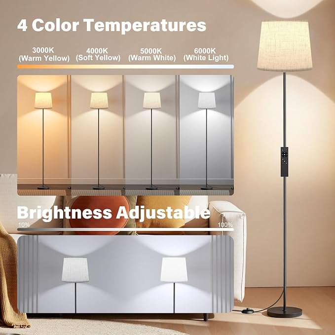 Dimmable Floor Lamp with Linen Shade for Living Room | Dimmable LED Standing Lamp with Remote & Foot Switch, Modern Floor Reading Light for Bedroom Office Corner