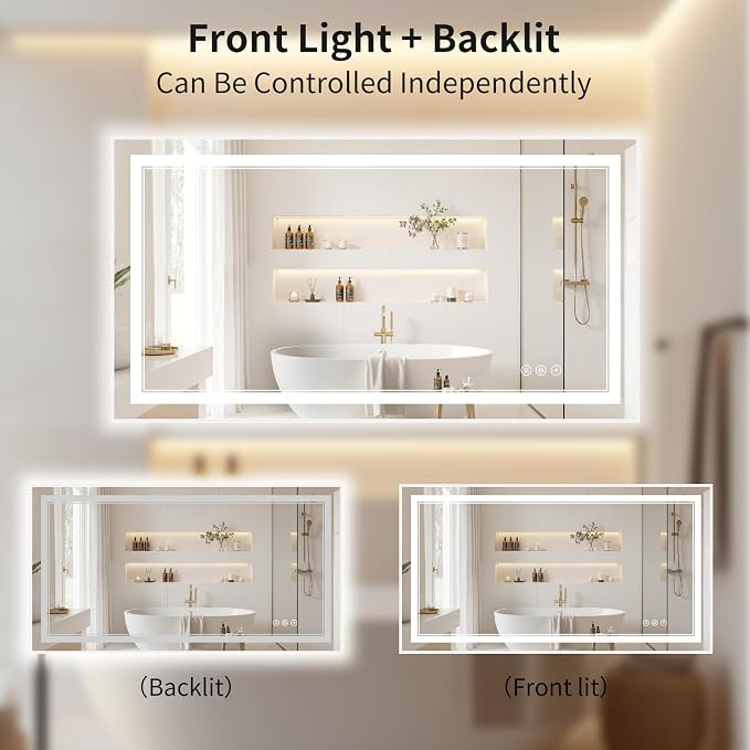 30"x50" LED Bathroom Mirror with Lights, Front & Backlit, Anti-Fog | Lighted Mirror with Dimmable, Aluminum Frame, 3 Color Temperature, CRI 90+, Touch Control with Memory, HD Tempered Glass
