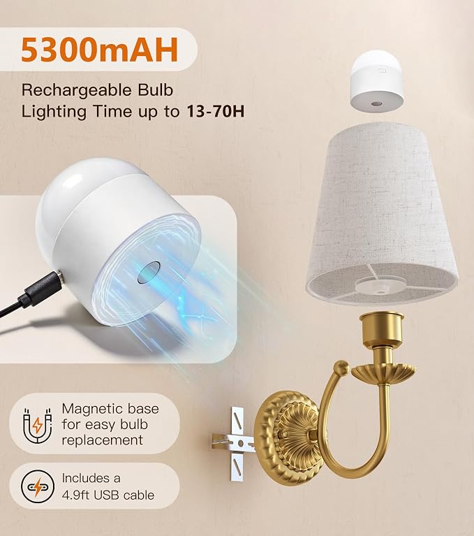 Wireless Wall Sconces Set of Two 14"H, 5300mAh Battery Operated Wall Sconce, Rechargeable Bulbs with Remote, 15 Colors Dimmable Wall Sconces with Fabric Shade for Bedroom Living Room(Brushed Gold)