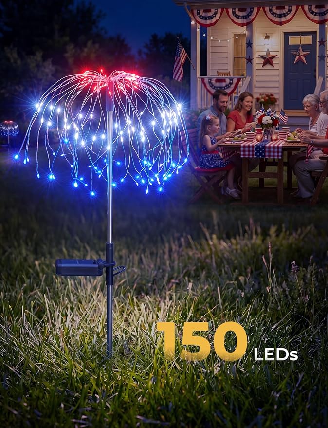 Red White Blue Solar Lights Outdoor, 4th of July Decorations, 2 Pack 150LED Solar Firework Patriotic Decor, Fourth of July Fairy Lights with 8 Modes for Yard Garden Pathway Patio Independence Day | 8 Modes, Solar Firework Patriotic Decor, Fourth of Jul...