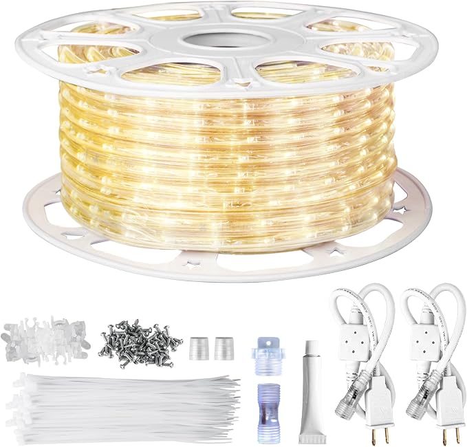 LED Rope Lights Outdoor Warm White, Waterproof 100FT Cuttable 3000K Soft Lighting Indoor 110V Connectable Flexible Clear Tube for Bedroom Outside Garden Deck Patio Camping Decor, Not Flat Strip
