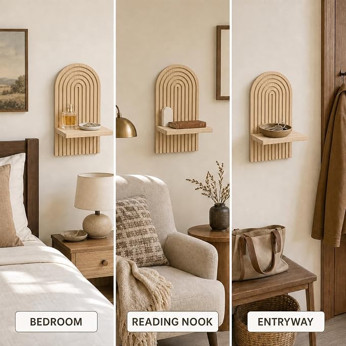 Wall Candle Holder Set of 2, Boho Wall Decor, Arch Candle Sconces, Natural | Natural-tone boho wood wall decor for living room, bedroom, hallway, and entryway, with shelves for lightweight accents.