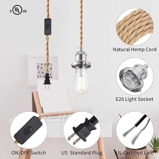 15.4ft Pendant Light Cord Kit, Industrial Vintage Plug in E26 Socket Hanging Light with Switch, Hemp Rope Hanging Light Fixture for Pendant Lamp Farmhouse Lamp Cable DIY