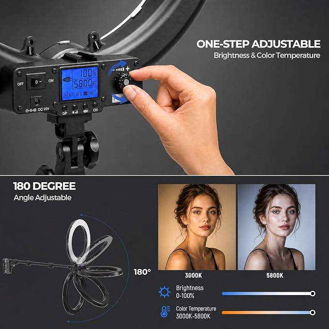 18 Inch Ring Light with Wall Mount Stand, Bi-Color LCD Display 55W 3000-5800K CRI≥97 Light Ring for Video Recording/Photography/Beauty Shop/Tattoo/Barber