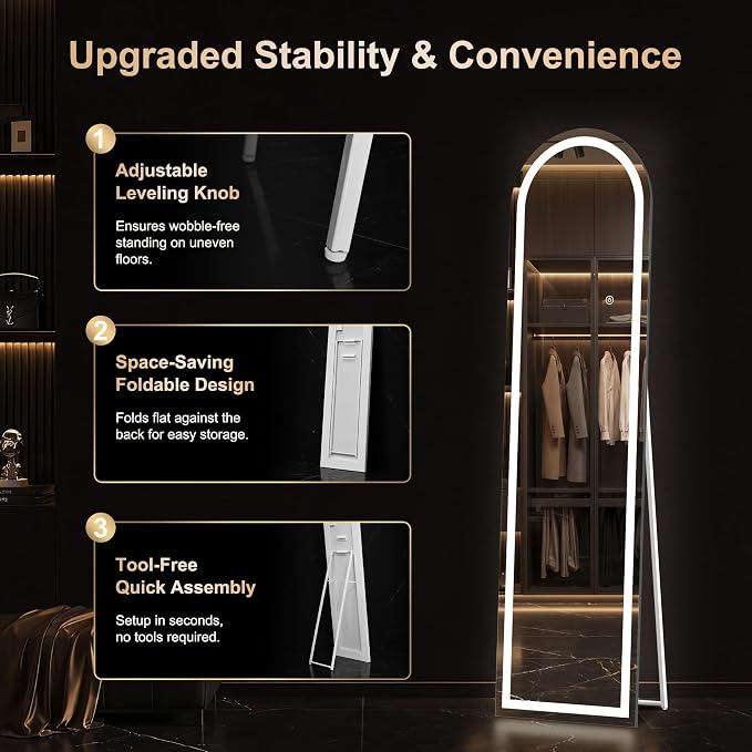 LED Arched Full Length Mirror, 56"x16" Full Body Mirror with Lights, Dimmable & 3 Color Lighting, Standing/Leaning/Wall Mounted Vanity Mirror for Bedroom, Dressing Room, Living Room