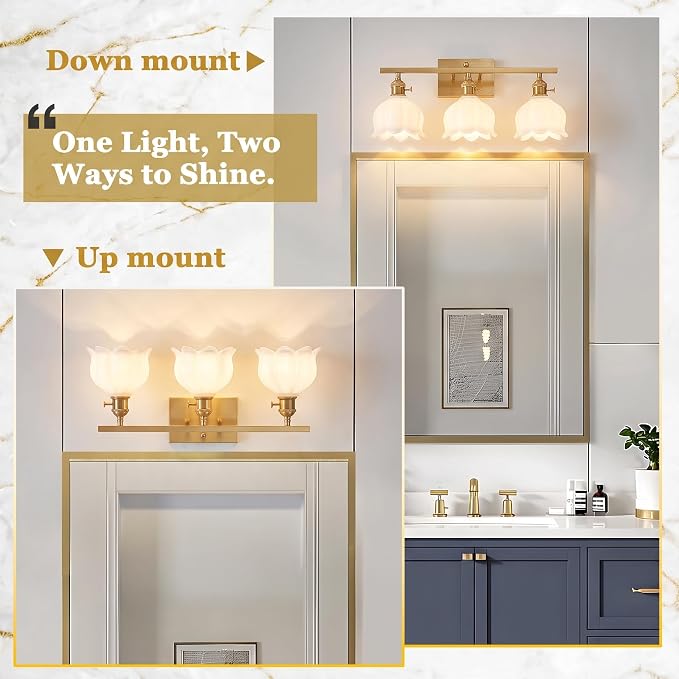 3-Light Vintage Bathroom Vanity Light, 19.4" Brass Hardwired Wall Sconce with Amber Tulip Glass Shades, Brushed Gold Vanity Light for Mirror, Restroom, Bedroom (White, 3-Light)