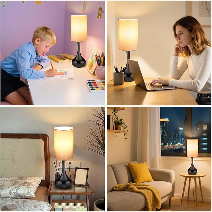 Mid Century Modern Droplet Table Lamp with Cyliner Shade,Touch Control & 3-Way Dimmable, No Assembly Required, Black Vintage Farmhouse Bedside Lamp for Bedroom,Nightstand,Living Room,Office