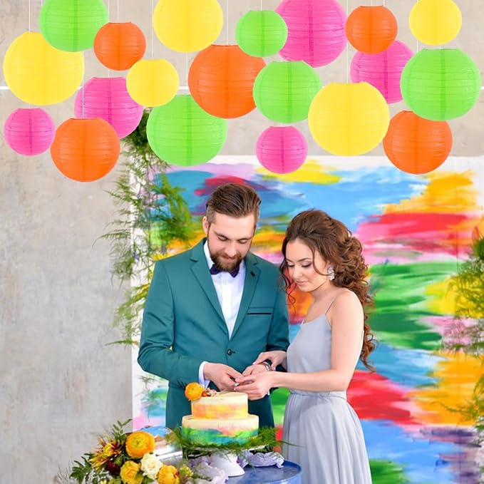 Paper Lanterns Party Decorations, Hanging Round Chinese Lanterns for Glow in The Dark Party Neon Birthday Decorations Pack of 20 Colorful