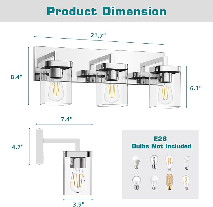 Chrome Bathroom Vanity Light, Square Design 3 Lights Morden Vanity Lighting Fixtures Over Mirror, Bathroom Light Fixtures for Living Room/Bedroom