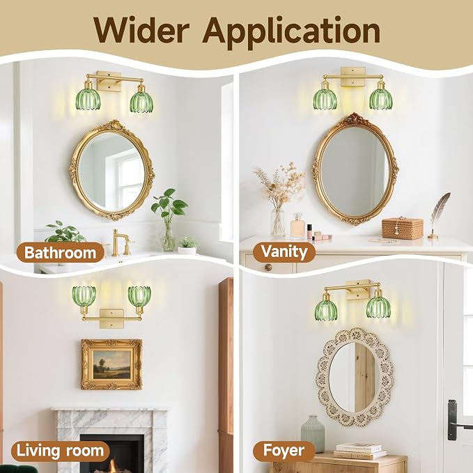 Bathroom Lights Over Mirror,2-Light Vintage Vanity Light Fixtures,Retro Brass Bathroom Light, Flower Wall Sconce With Green Tulip Glass Shade For Bedroom, Living Room, Dressing Table, E26 Base