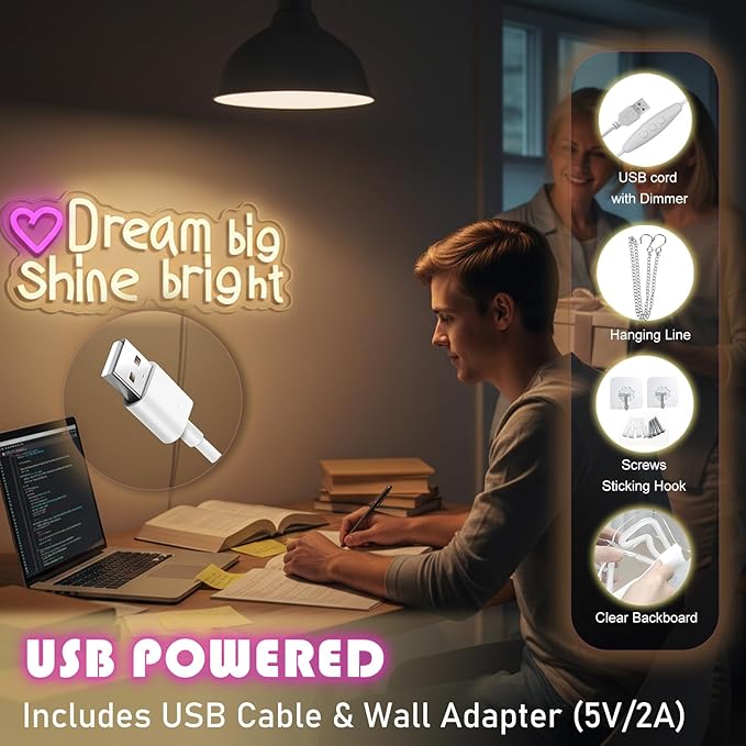 Dream big Shine bright neon sign, suitable for classroom wall decoration, back-to-school season, graduation season, student gifts. Dimmable, USB powered, pink heart-shaped inspirational neon light.