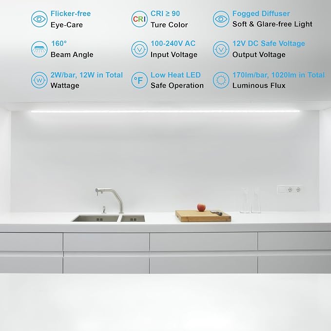 Under Cabinet Lights, Plug in, Seamlessly Linkable 12 Inch, 6 Bars+Switch+Extensions, Under Counter Lighting for Kitchen, Closet, Gun Safe, Shelf, Display Case, LED 3000k Warm White