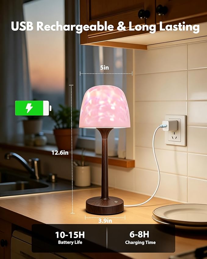Shower Lamp - Waterproof Bathroom Lamp with 16 Color Ocean Wave Projector, Cordless Light for Inside Shower/Bathtub Bedroom Living Room Kitchen Decor (Walnut Grain)