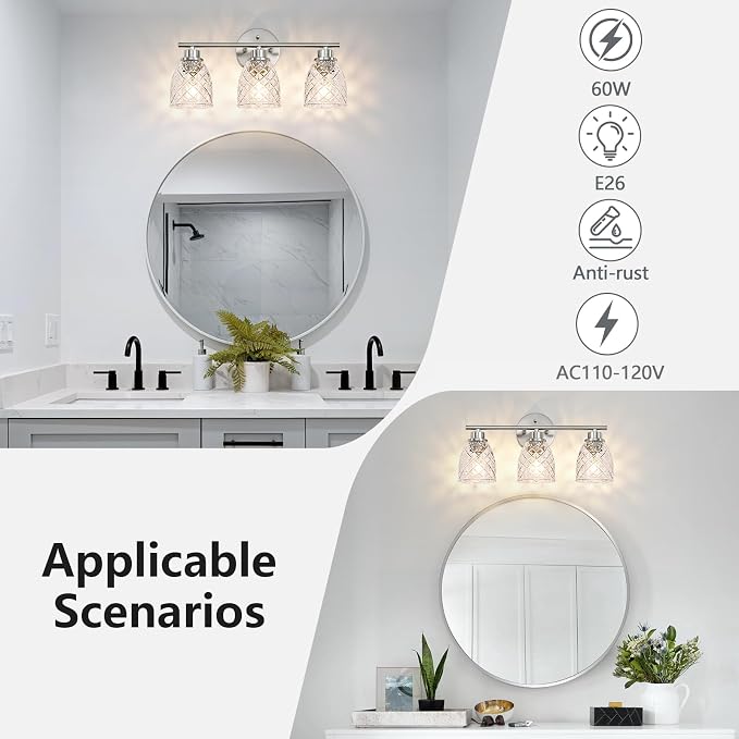 3-Light Bathroom Light Fixtures, Brushed Nickel Vanity Lights Over Mirror | Modern Farmhouse Wall Sconces with Hammered Glass Lampshade for Kitchen Hallway Bedroom Living Room Cabinet Porch-18.1IN