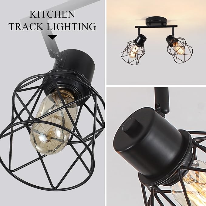 2 Lights Adjustable Multi-Directional Black Light Fixtures, Semi Flush Mount Ceiling Light, Kitchen Light Fixtures Ceiling Mount, Geometric Metal Cage Industrial Spotlight Fixtures for Dining Room