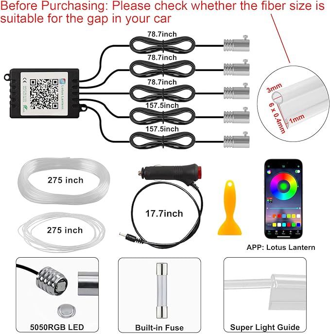 Interior Car LED Lights, 5 in 1 RGB Car Ambient Lighting Kit, APP Control | 275 inches Fiber Optic, 16 Million Colors and Music Mode Inside Car Lighting Accessories, 12V