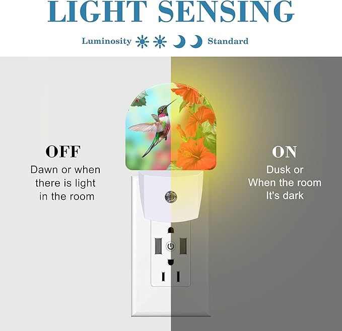 Hummingbird on Lossoming Red Flower Night Light Plug into Wall with Dusk to Dawn Sensor Cute Nightlight for Kid Girls Boys Women Men Room Decor, Hallway, Kitchen, Bathroom, Nursery, Stairs