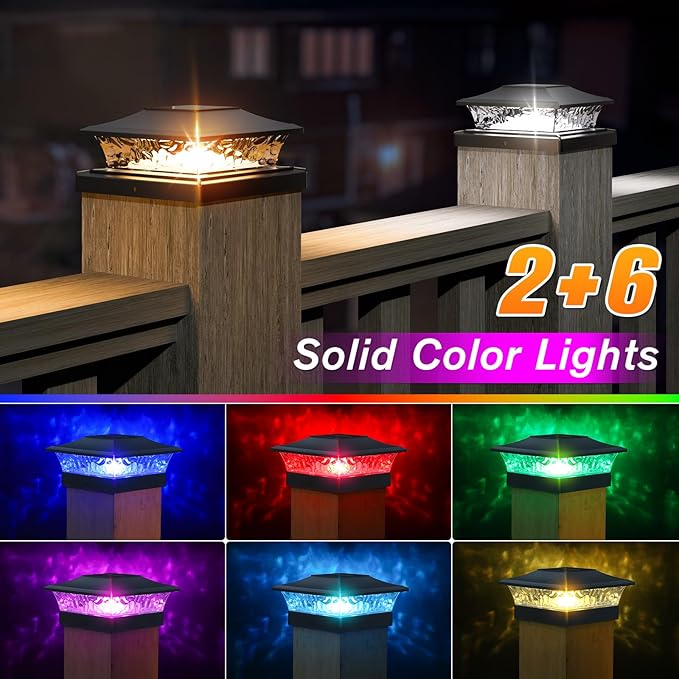 APONUO Solar Post Cap Lights with 8 RGB Solid Colors & Multicolor Flow - 4 Pack 6x6 Post Cap Solar Light, IP65 Waterproof - Fits 4x4 5x5 6x6 Wood & Vinyl Posts - Black