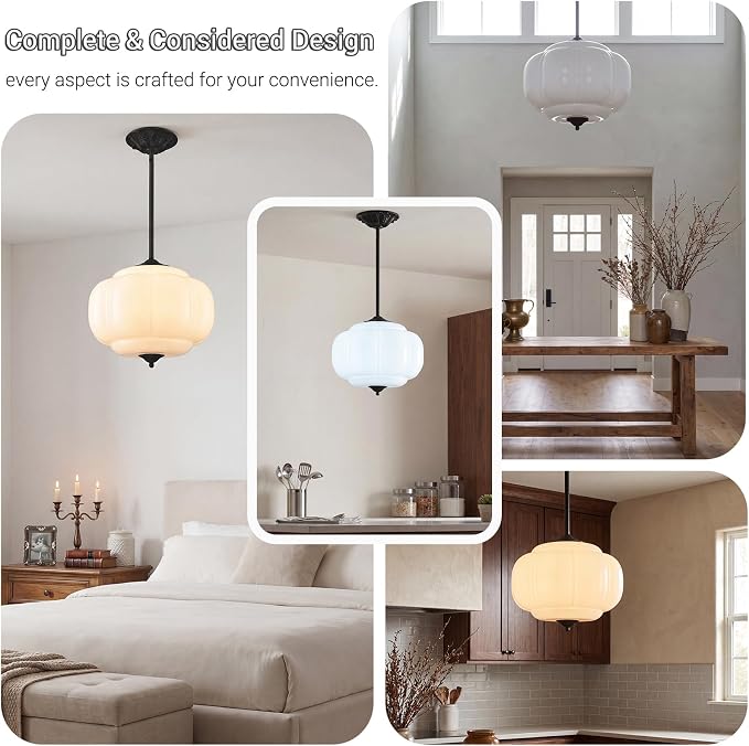 LOUSACE 15 in White Milk Glass Ceiling Light Fixture, Semi Flush Mount Vintage Milk Glass Pendant Light for Kitchen Island Hallway Bedroom Dining Room, LED Bulb Included
