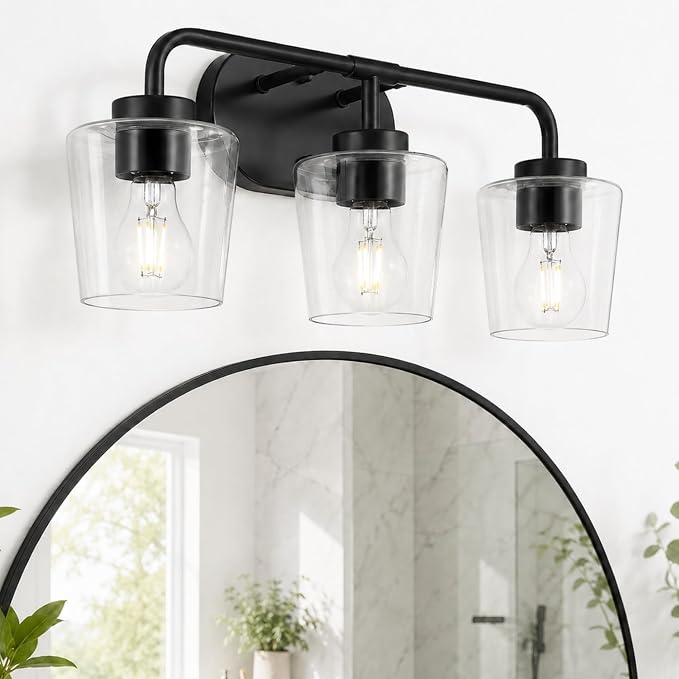 3-Light Matte Black Bathroom Light Fixtures, AD-22004-3W-BK-C | Bathroom Vanity Lights Over Mirror with Clear Glass, Modern Vanity Lighting Fixtures
