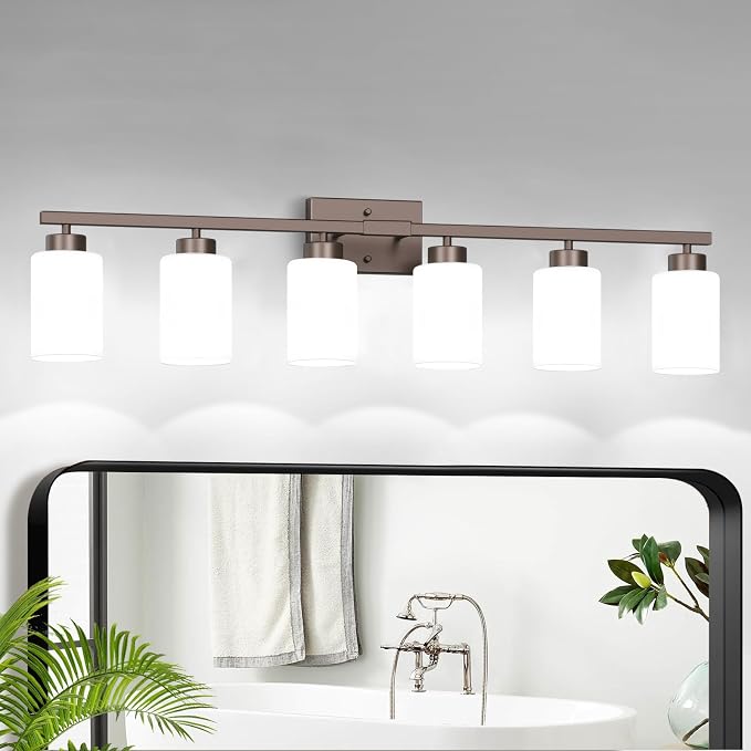 IZORRO Modern Bathroom Light Fixtures, 6 Light Oil-Rubbed Bronze Vanity Lights, Bathroom Lighting Fixtures Over Mirror with White Glass for Living Room Cabinet Bedroom