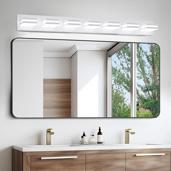 IZORRO LED Modern Bathroom Lights Fixtures(7-Light,Dimmable),Matte White Acrylic Wall Lighting,Vanity Lights for Bathroom Over Mirror - 6000k 40In （No Assembly Required）