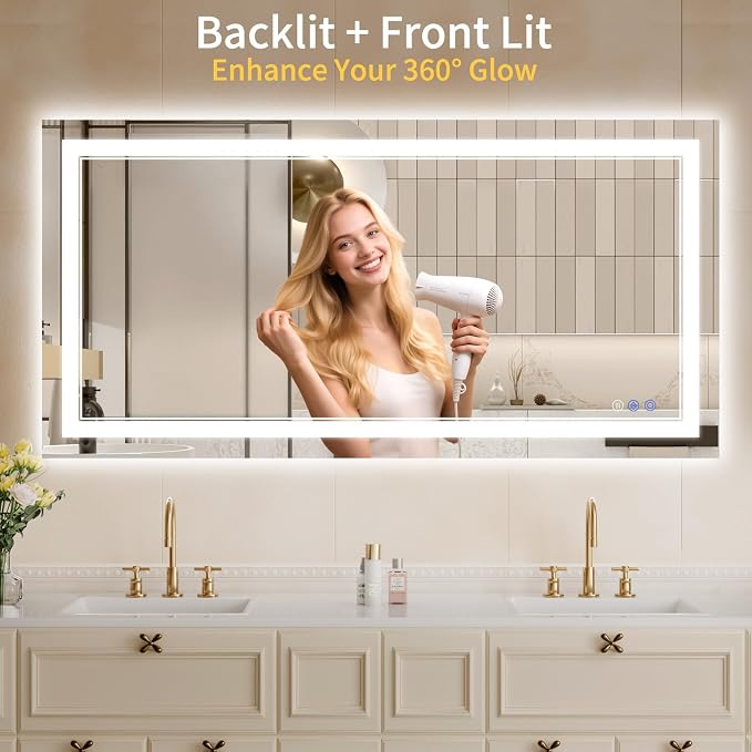 24"x48" LED Bathroom Mirror with Lights, Anti-Fog, Backlit + Front Lit, Dimmable, Led Vanity Mirror for Wall, Lighted Bathroom Mirror, 3 Colors, Shatter-Proof Tempered Glass