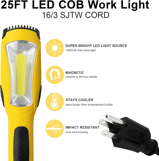 LED Work Light (25FT), 1600LM COB LED Trouble Light with Cord 16 Gauge SJTW, Swivel Hook, Strong Magnet, ETL Listed, Suitable for Mechanic, Garage, Workshop, Car Repair (Yellow)