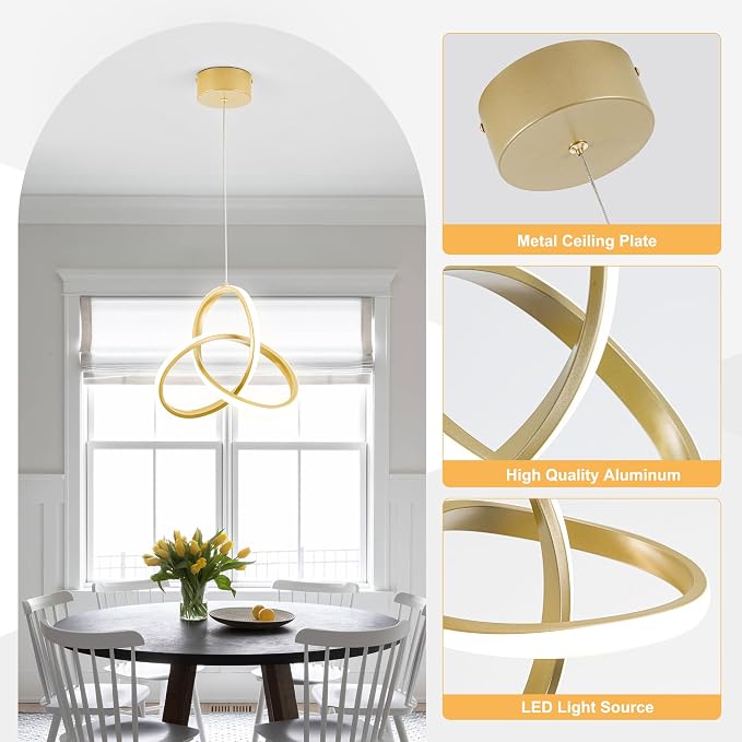 MAYNA Spiral Kitchen Pendant Lighting, 4000K Modern LED Pendant Lighting, 18W Adjustable Height Island Light Fixture for Kitchen Bedroom Kitchen Island Cafe, 1 Pack (Gold)