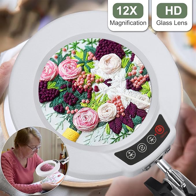 12X Magnifying Glass with Light and Stand, Upgrade Button 5 Color Modes Stepless Dimmable, 2-in-1 LED Lighted Magnifier Light, Hands Free Desk Lamp with Clamp for Craft Hobby Close Work - White
