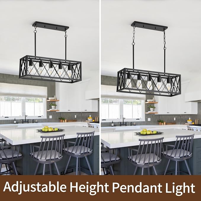 KEESFU Black 5-Light Farmhouse Chandelier for Kitchen Island Lighting | Farmhouse Light Fixtures with Adjustable Height; Dining Room Light Fixture for Table, Foyer & Over Sink;E26 Base