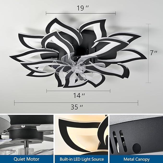 35" Black Modern Ceiling Fan with Lights Remote Control, 6 Speeds 3 Light Color Low Profile Flush Mount Ceiling Fan with Light for Kitchen Bedroom