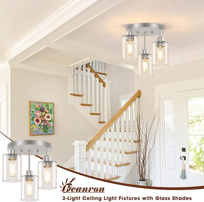 3-Light Brushed Nickel Flush Mount Ceiling Light, Hallway Light Fixtures Ceiling Mount with Clear Glass Shades, Modern Close to Ceiling Light Fixtures for Kitchen Foyer Entrayway