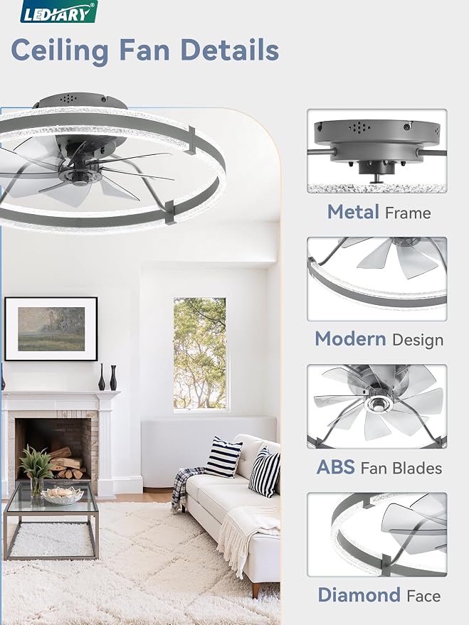 LEDIARY 24'' Modern Low Profile Ceiling Fans with Lights and Remote, Gray | 3000-6000K Dimmable LED, 6 Wind Speeds, Quiet Reversible DC Motor, Small Flush Mount Fandelier for Bedroom, Living Room