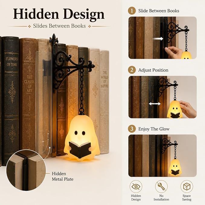 Library Lantern Bookshelf Lamp, Ghost Bookshelf Lantern with Warm LED Nightlight, Mini Nook Light for Bookshelf, Decorative Table Desk Luminaire, Halloween Bookshelf Decor for Book Lovers