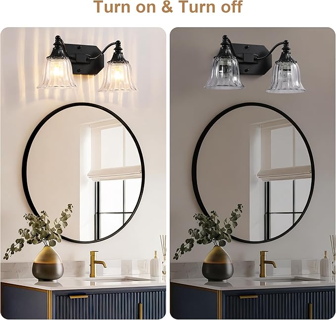 Black Vintage Bathroom Vanity Light Fixture, 2-Light Vanity Light for Bathroom, Antique Matte Black Finish with Crystal Glass Shade, Lighting Fixtures Over Mirror for Bedroom Living Room