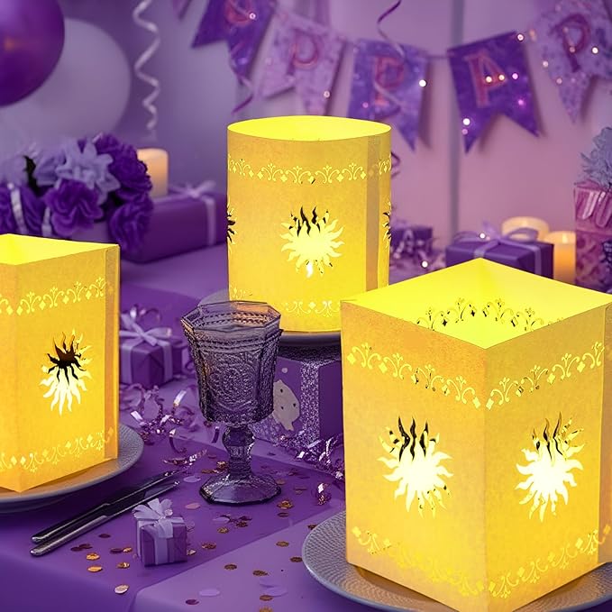 20 Pack Princess Sun Hanging Lanterns with LED Light Purple Princess Hanging Paper Lanterns DIY Set Sun Cutout Square Round Decorations for Photo Props Birthday Party (White)