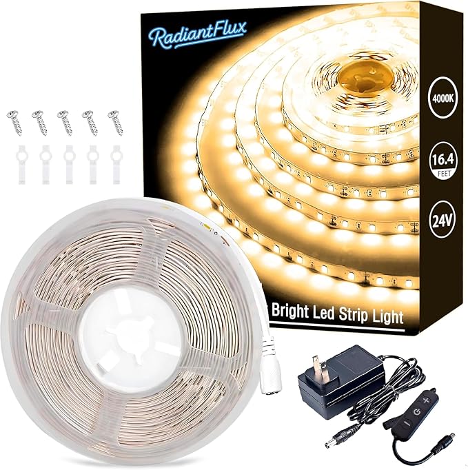 RadiantFlux 4000K 16.4Ft Led Strip Lights, Natural Light Strips Lights Indoor Use, Dimmable,Flexible, Super Bright LED Tape Lights for Living Room, Kitchen