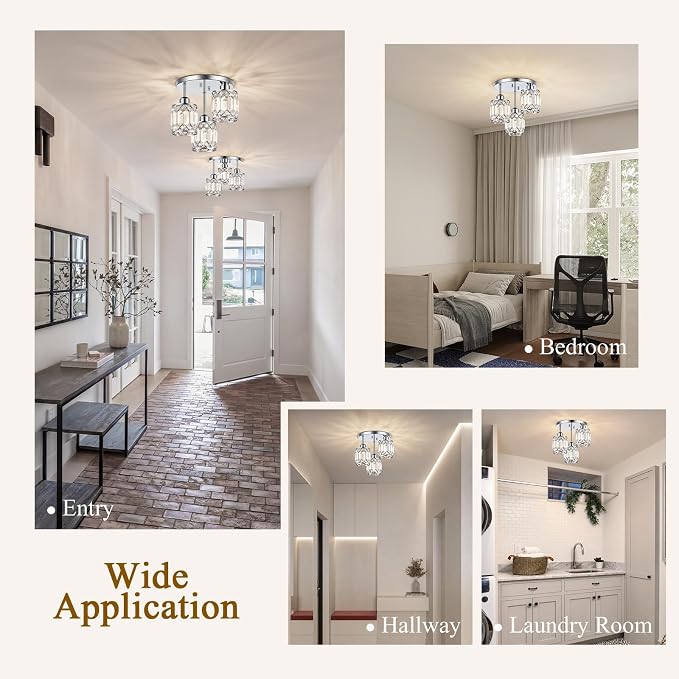 Chrome Crystal Ceiling Light Fixture, 3-Light, E26 | Modern Semi Flush Mount Ceiling Light, Kitchen Lighting Fixtures Ceiling for Hallway Bedroom Bathroom Laundry Room