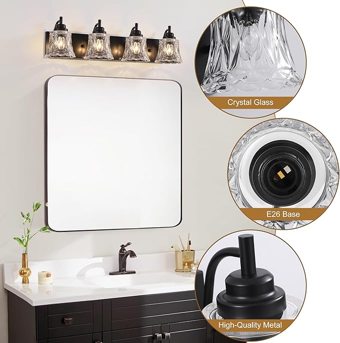 Black Bathroom Vanity Light Fixture, Bathroom Light Fixtures Over Mirror, 4 Lights Black Bathrooms Lighting,Matte Antique Finish with Crystal Glass Shade, Vintage Vanity Light for Bathrooms