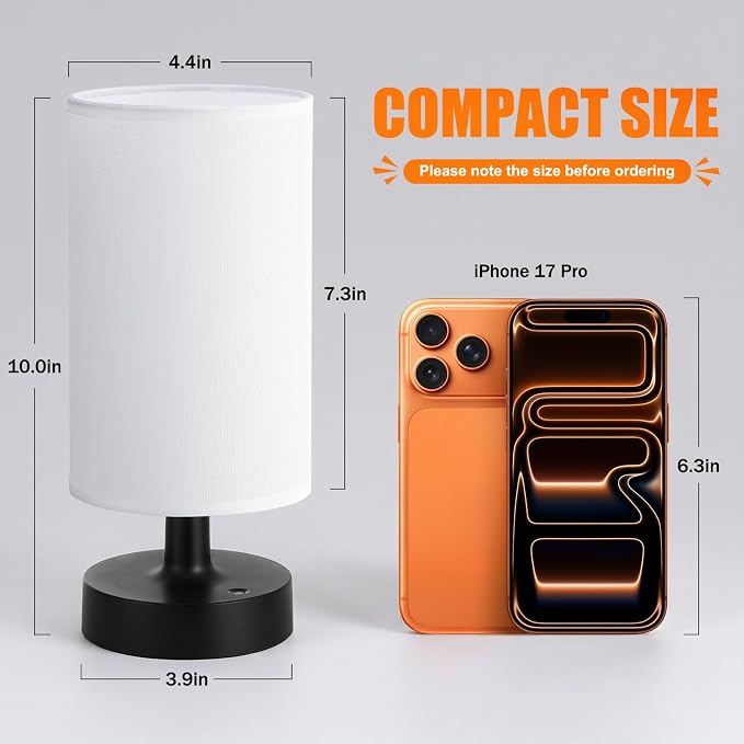 Kakanuo Cordless Table Lamp Rechargeable Small - 1 Pack White Black, 4000mAh Battery Operated Lamp with Touch Control Stepless Dimming, Wireless Lamp for Bedside, Nightstand, Bedroom, Living Room