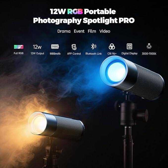 PHOTOOLEX PRO 12W Portable RGB Photography Spotlight, 360 ° Full Color Photography Flashlight Gobo Light, Conical Optical Snoot Kit with 20 Metal Filters/9000mAh/3 Lens/CRI 96+/12 Effects, APP Control